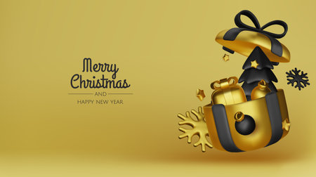 Christmas winter festive composition. Colorful Xmas background realistic 3d decorative design objects, christmas tree, gift boxes, xmas ball, gold confetti. Happy New Year. Vector illustrationのイラスト素材