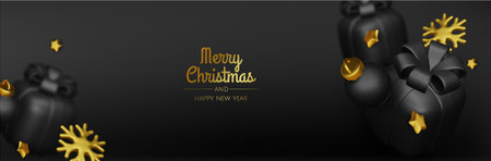 Happy New Year and Merry Christmas. Christmas holiday background with realistic 3d objects, gold and...