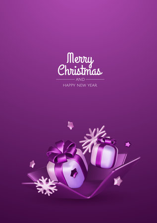 Holiday illustration with Christmas gift, snowflake and xmas decorations. New year and christmas greeting card. 3d render vector illustration.のイラスト素材