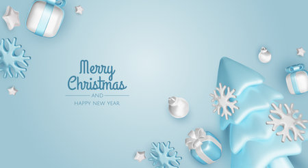 Happy New Year and Merry Christmas. Christmas holiday background with realistic 3d objects, bauble balls, conical metal stars. Levitation falling design composition.のイラスト素材