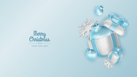 Happy New Year and Merry Christmas. Christmas holiday background with realistic 3d objects, blue and white bauble balls, conical metal stars, gift. Levitation falling design composition.のイラスト素材