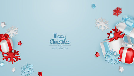 Happy New Year and Merry Christmas. Christmas holiday background with realistic 3d objects, bauble balls, conical metal stars. Levitation falling design composition.のイラスト素材
