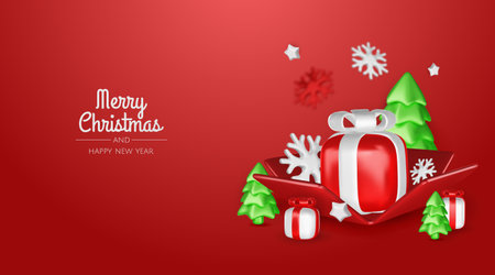 Christmas winter festive composition. Colorful Xmas background realistic 3d decorative design objects, christmas tree, gift boxes, xmas ball, gold confetti. Happy New Year. Vector illustrationのイラスト素材