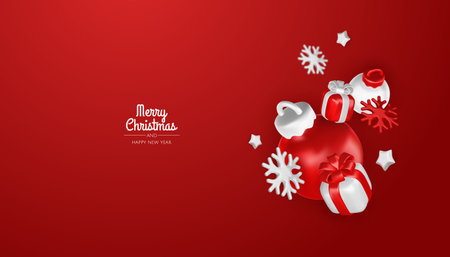 Happy New Year and Merry Christmas. Christmas holiday background with realistic 3d objects, bauble balls, conical metal stars. Levitation falling design composition.のイラスト素材