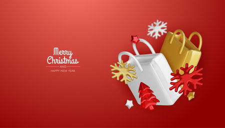 Christmas and New Year Sale. Bright realistic 3d holiday object design, shopping bag, gift box. Promo sale, advertising banner, web poster. vector illustrationのイラスト素材