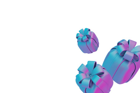 3D vibrant gift boxes with gradient blue and pink wrapping, floating on white background. Perfect for holiday sales, gift promotions, or festive web banners.の写真素材