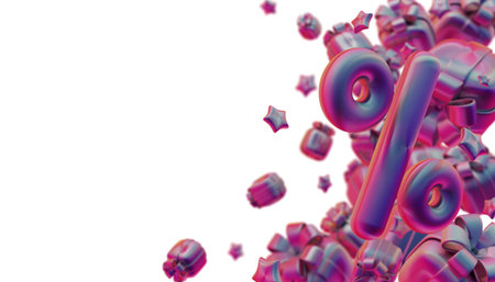 3D vibrant composition with levitating percent signs, gift boxes, and glossy stars on white...
