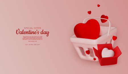 Minimalistic 3D illustration of Valentine s Day concept with heart shapes and open boxes. Love, celebration, and romantic design template.のイラスト素材
