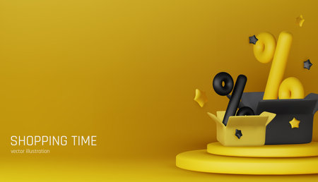Modern 3D illustration of yellow open boxes with black percent signs inside. Perfect for advertising promotions, sales campaigns, and shopping-themed designs.のイラスト素材