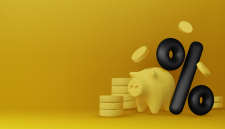 3D piggy bank illustration with flying coins and discount percentage, ideal for sales, shopping, and...