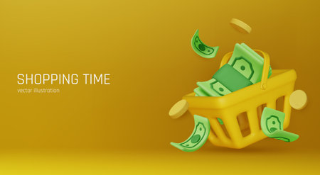 Gold coins with green paper dollars, Cashiers checks. Realistic 3d design in cartoon style. Business financial investment. Creative concept. Trade cash back. Save savings. Vector illustrationのイラスト素材