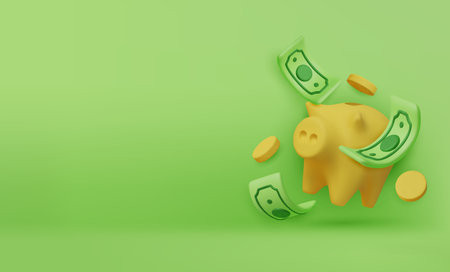Piggy bank money box with green dollars and gold coins on bright background, symbolizing prosperity, savings, and economic growth.のイラスト素材