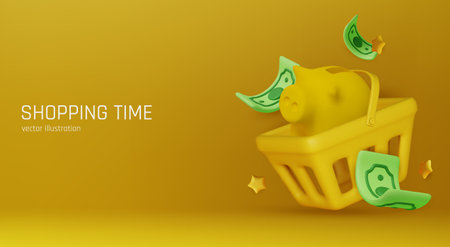 Yellow piggy bank inside shopping basket with flying money bills, symbolizing spending, shopping, savings, and financial consumer lifestyle.のイラスト素材