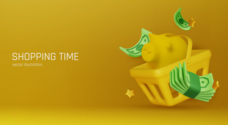 Yellow piggy bank inside shopping basket with flying money bills, symbolizing spending, shopping, savings, and financial consumer lifestyle.のイラスト素材