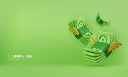 Money with wings concept, showing financial success, income flow, expenses, economic growth, online payments, and personal finance.のイラスト素材