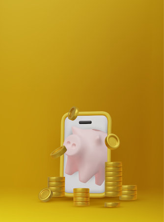 3D piggy bank with a smartphone and gold coins. A modern concept for mobile banking, digital savings, and fintech apps.のイラスト素材