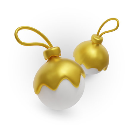 Set of elegant golden Christmas ornaments with white accents, perfect for festive designs, holiday branding, greeting cards and seasonal decorationsのイラスト素材