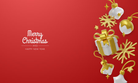 Happy New Year and Merry Christmas. Christmas holiday background with realistic 3d objects, bauble balls, conical metal stars. Levitation falling design composition.のイラスト素材