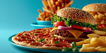 Vibrant fast food spread featuring a juicy cheeseburger, pepperoni pizza, and golden french fries against a bright blue backdrop
