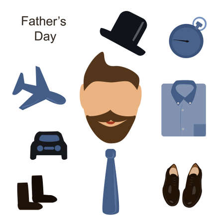 father's day set of mens accessories, tie shoes watch hat shirt plane machineのイラスト素材