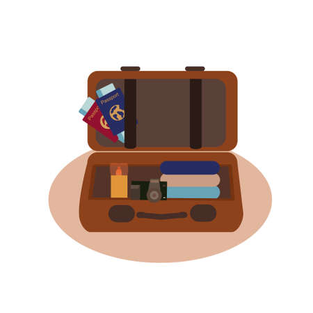 Ilustración de Suitcase packing Set of travel baggage, tourism, bag; passport. accessories - Imagen libre de derechos