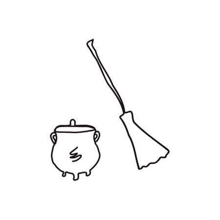 witch set. broom and bowler hat. halloween holidayのイラスト素材