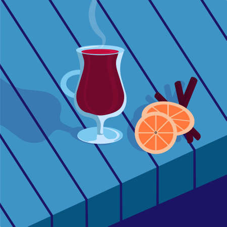 mulled wine, a drink with an orange slice and a cinnamon stick on a blue backgroundのイラスト素材