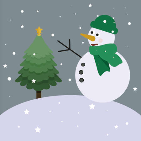Snowman wearing hat and scarf, Christmas green tree, on a snowy backgroundのイラスト素材