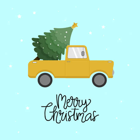 Red truck and green christmas tree,のイラスト素材