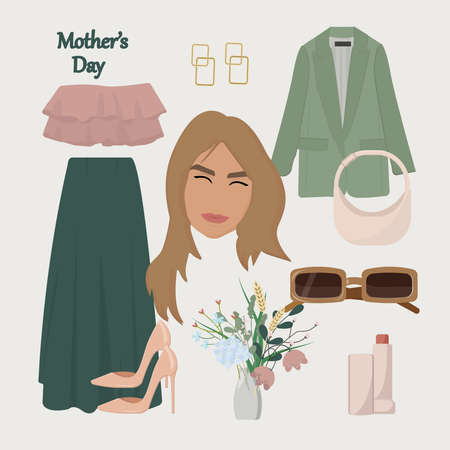 mother's day, girl's face, women's accessories, skirt.jacket.top.glasses.lipstick.handbag.shoes.gold earringsのイラスト素材