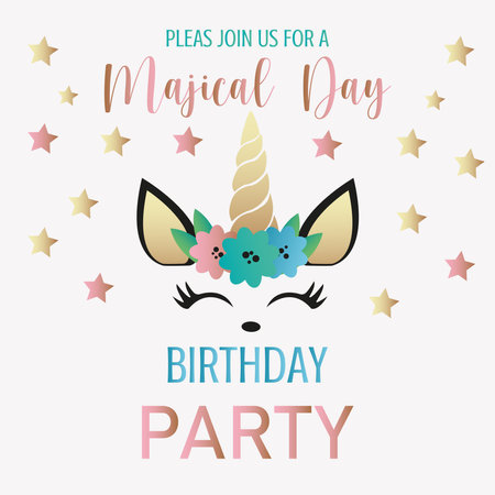 Cute vector graphic design of unicorn character. Cartoon unicorn head with flower crown for card and shirt designのイラスト素材