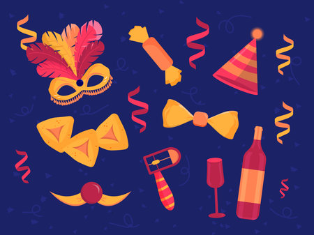 Purim holiday banner design with carnival mask and Purim party elements. Childish print for cards, party invitation and poster. Hebrew text "Happy Purim"のイラスト素材