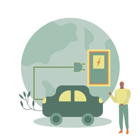 Electric car charging station. Vector illustration in flat design style. Eco friendly vehicle.のイラスト素材