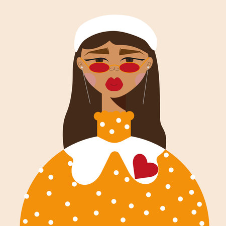 fashionable girl in a white beret, blouse with polka dots, red lipstick, postcard for Valentine's Day,のイラスト素材