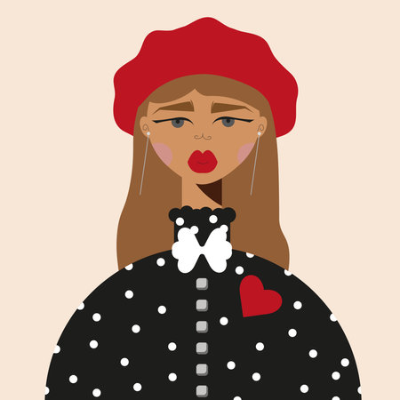 fashionable girl in a red beret, blouse with polka dots, red lipstick, postcard for Valentine's Day,のイラスト素材