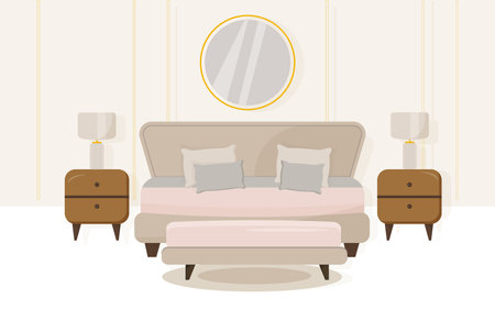 modern style, chic beige bedroom with two bedside tables, floor lamps, a mirror above your head.のイラスト素材