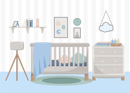 children's room, cradle, chest of drawers, baby, gender party, bottles, floor lamp, paintings, shelf, books, vase, pillows, mirror.のイラスト素材