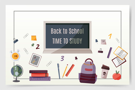 school board, backpack, tablet, pen, pencil, books, learning, school, alarm clock, paper clips; ruler; cocoa;のイラスト素材