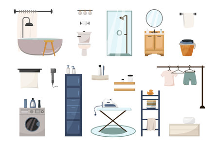 bathroom interior set bathroom, wardrobe, shelves, washing machine, linen, shower stall, mirror, toilet bowl, laundry basket,のイラスト素材