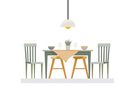 dining room in a modern style, table and chairs, plates and glasses on the table, a lamp above the tableのイラスト素材
