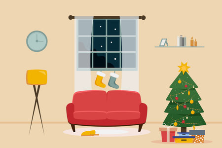 Christmas room interior. Christmas tree, gifts and decorations. This is an illustration of flat plane style.のイラスト素材