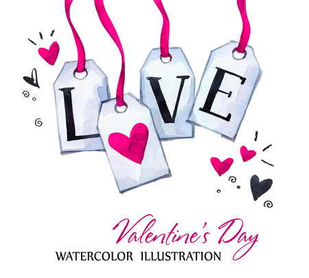 Hand drawn St. Valentine's day card. Watercolor holidays tags. Romantic lettering. Love illustration. Perfect for blogs, lettering, pattern, invitation, t-shirt, print.の写真素材