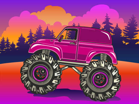 Cartoon Monster Truck on the evening landscape in Pop Art style. Extreme Sports. Adventure, travel, outdoors art symbols. Retro vector illustration. Vehicle SUV Off Road. For posters, invitations.のイラスト素材