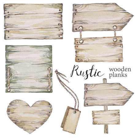 Handpainted collection watercolor wood planks clipart. Wood pointer, board,wooden heart. Rustic illustration.Perfect for blogs,lettering,pattern,invitation Botanicの写真素材