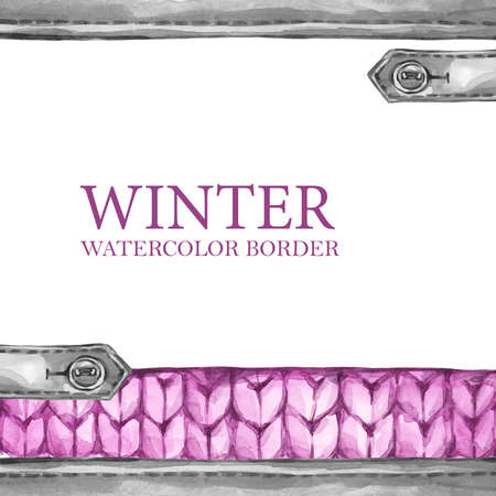 Watercolor knitting borders with leather element and buttons. Fashion textile background. Original hand drawn illustration. Details of suit. Outerwear texture. Winter holidays.の写真素材