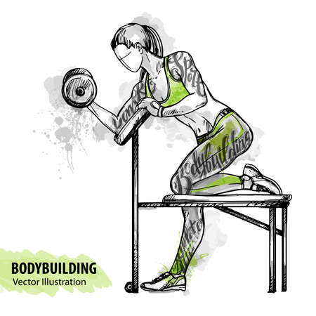 Hand sketch of a girl is training with dumbbells. Vector sport illustration. Watercolor silhouette of the athlete with thematic words. Text graphics, lettering.のイラスト素材