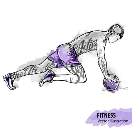 Hand sketch of a man is training with a ball. Vector sport illustration. Watercolor silhouette of the athlete with thematic words. Text graphics, lettering.のイラスト素材