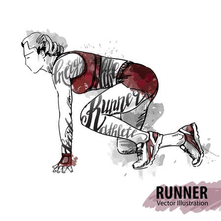 Ilustración de Hand sketch of a woman runner ready to start. Vector sport illustration. Watercolor silhouette of the athlete with thematic words. Text graphics, lettering. - Imagen libre de derechos