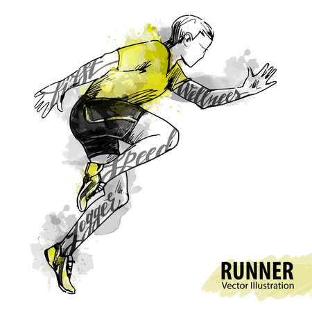 Hand sketch of a running man. Vector sport illustration. Watercolor silhouette of the athlete with...