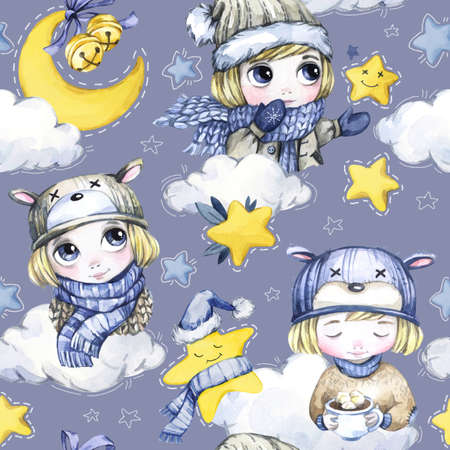 Watercolor seamless pattern with cartoon cute children, moon, magic stars and clouds. New Year. Celebration illustration. Merry Christmas. Can be use in winter holidays design.の写真素材